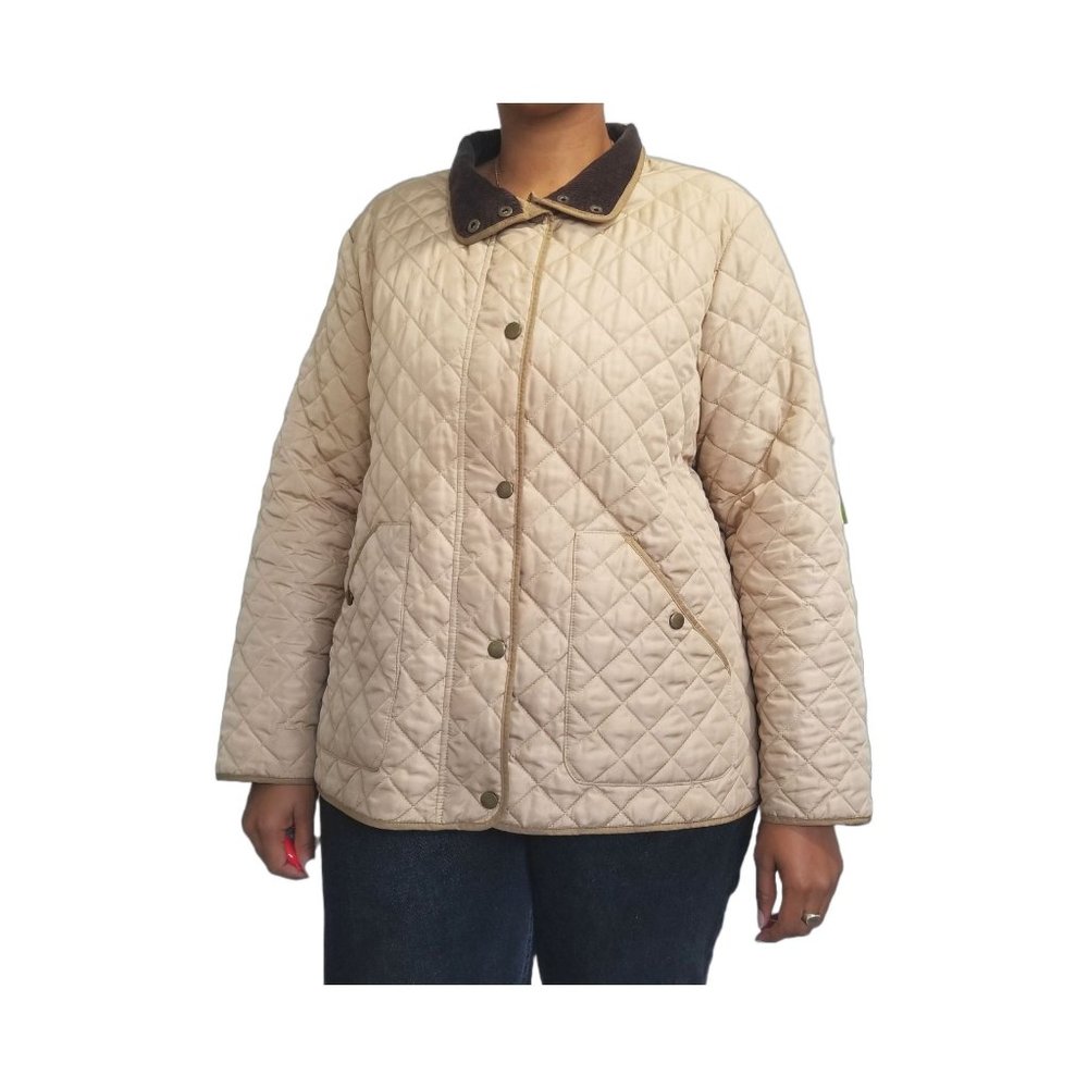 Land’s End Tan Quilted Snap Button Jacket Casual Pockets Curvy Corduroy Collar
